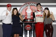 Harrison Burton, driver of the #21 DEX Imaging Ford, celebrates with his father, NASCAR commentator and NASCAR Hall of Famer Jeff Burton, mother, Kim Burton and fiancee, Jenna Petty - Source: Getty