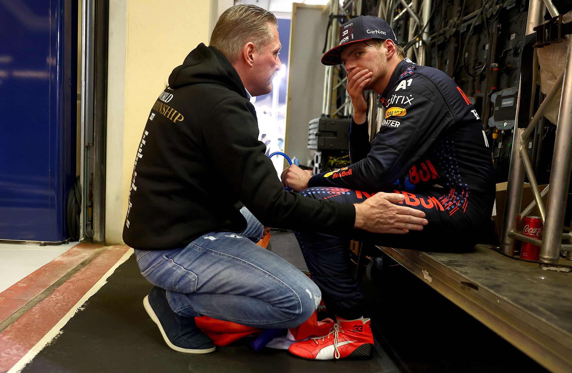 Max Verstappen celebrates with his father Jos Verstappen in parc ferme during the F1 Grand Prix of Abu Dhabi on December 12, 2021 - Source: Getty