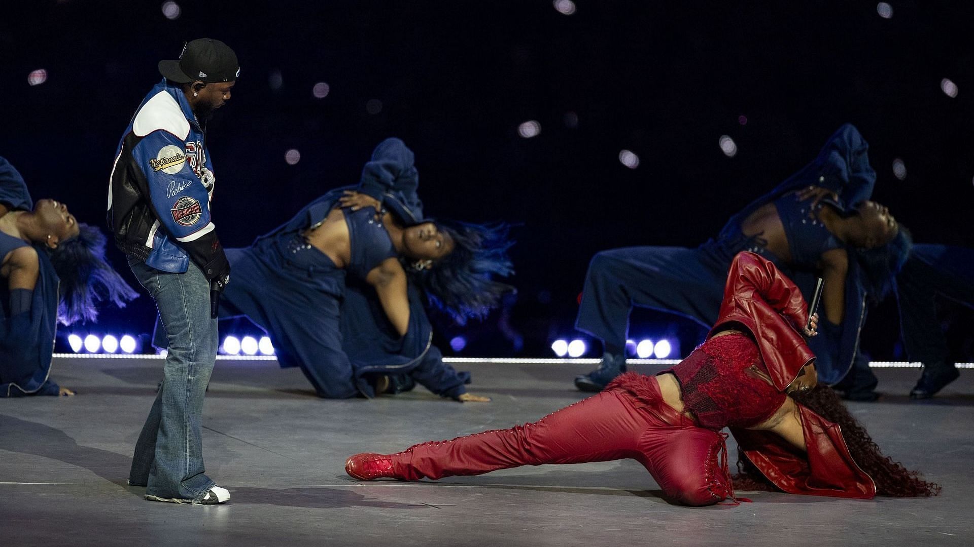 Kendrick Lamar performs with SZA during Apple Music Super Bowl LIX Halftime Show at Caesars Superdome on February 09, 2025, in New Orleans, Louisiana. (Image via Getty/Michael Owens)