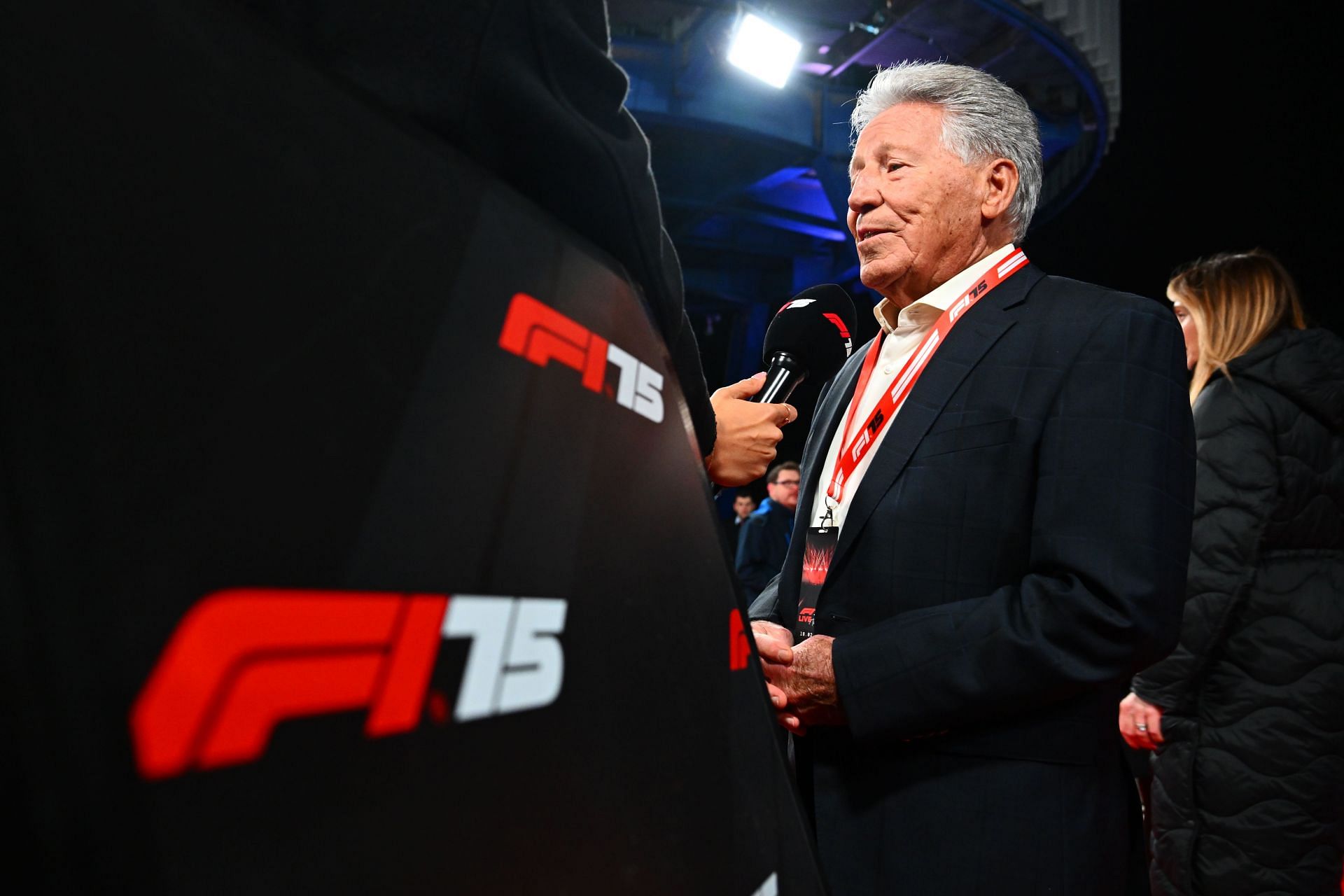 Mario Andretti talks to the media attends F1 75 Live at The O2 Arena - Source: Getty