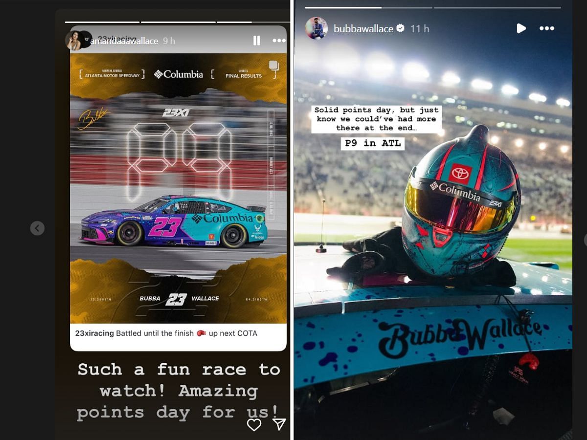 Bubba and Amanda Wallace&#039;s Instagram Stories celebrating Ambetter Health 400 finish (Image via Instagram/ @amandaaawallace, @bubbawallace)