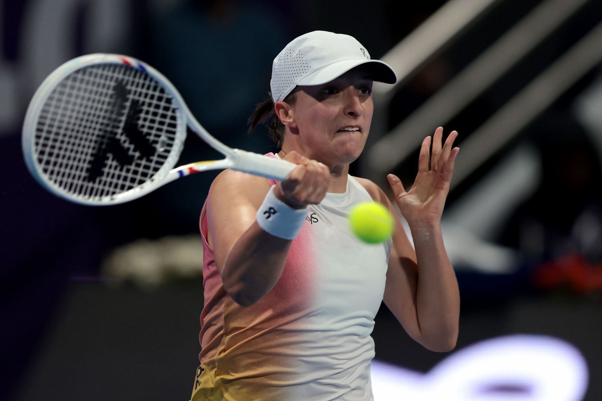 Iga Swiatek of Poland competes against Linda Noskova of the Czech Republic during the Qatar TotalEnergies Open - Source: Getty