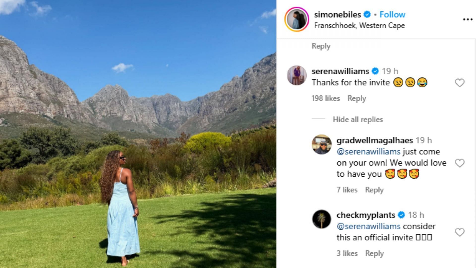 Screengrab of Simone Biles&#039; Instagram post and Serena Williams&#039; comment [Image Source : Simone Biles&#039; Instagram]