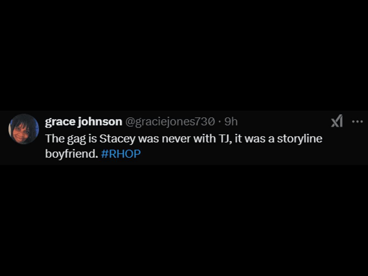 A fan of The Real Housewives of Potomac reacts to Stacey and TJ&#039;s breakup (Image via X/@graciejones730)