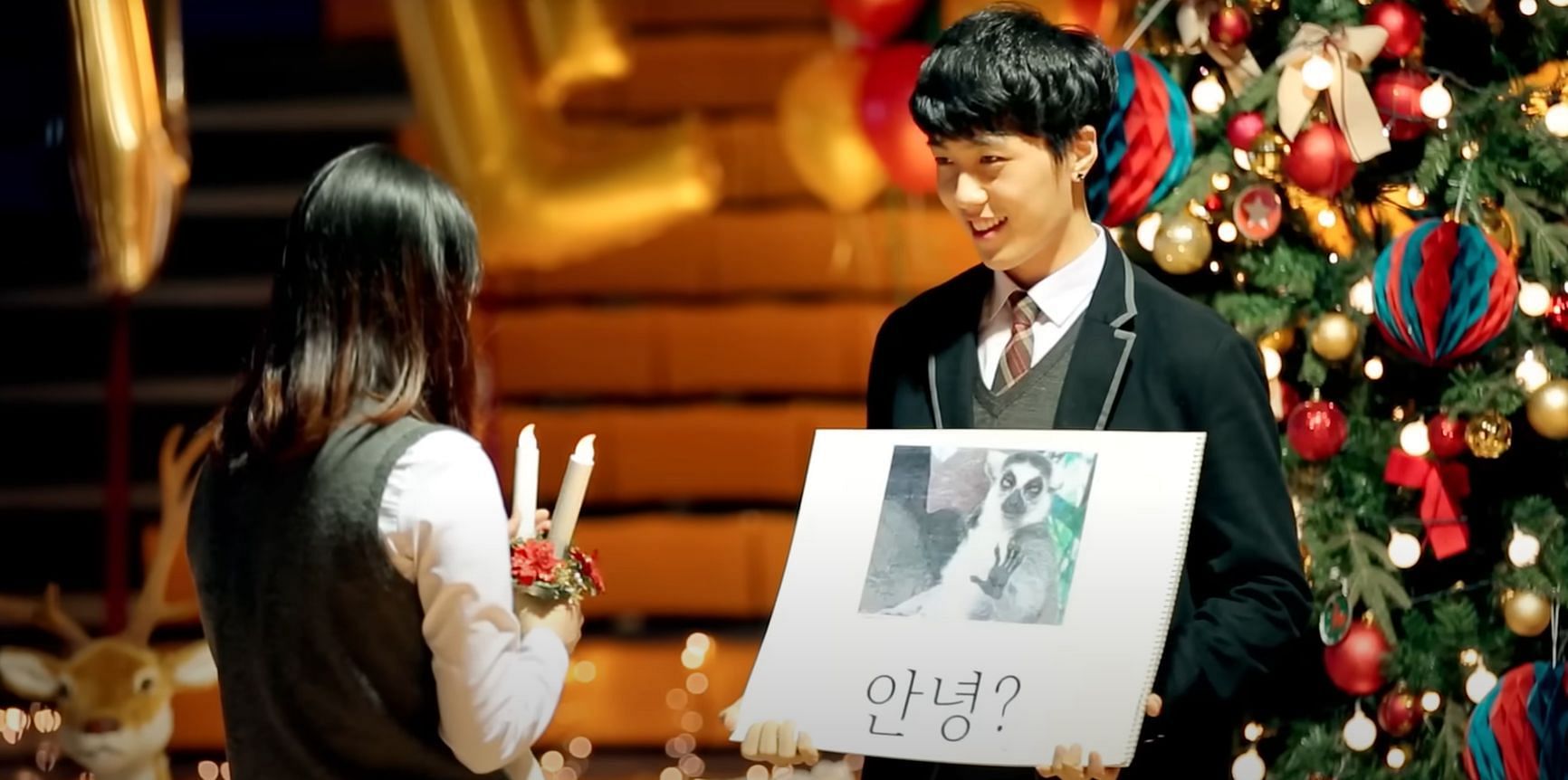 A boy holds a poster asking a girl out