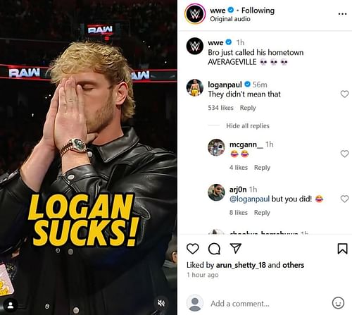 Screenshot of Logan Paul's comment to WWE on Instagram (Photo Credit: WWE on Instagram)