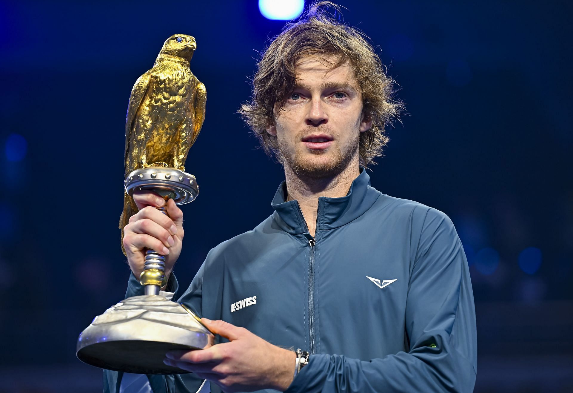 In Picture: Andrey Rublev with the 2025 Qatar ExxonMobil Open trophy (Source: Getty)