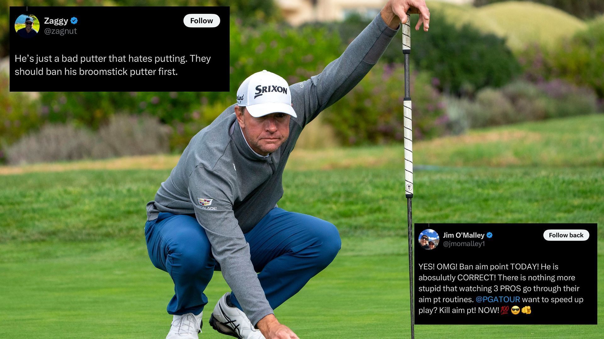 Fans react to Lucas Glover&rsquo;s comments on aim point putting. Image via IMAGN and Twitter 