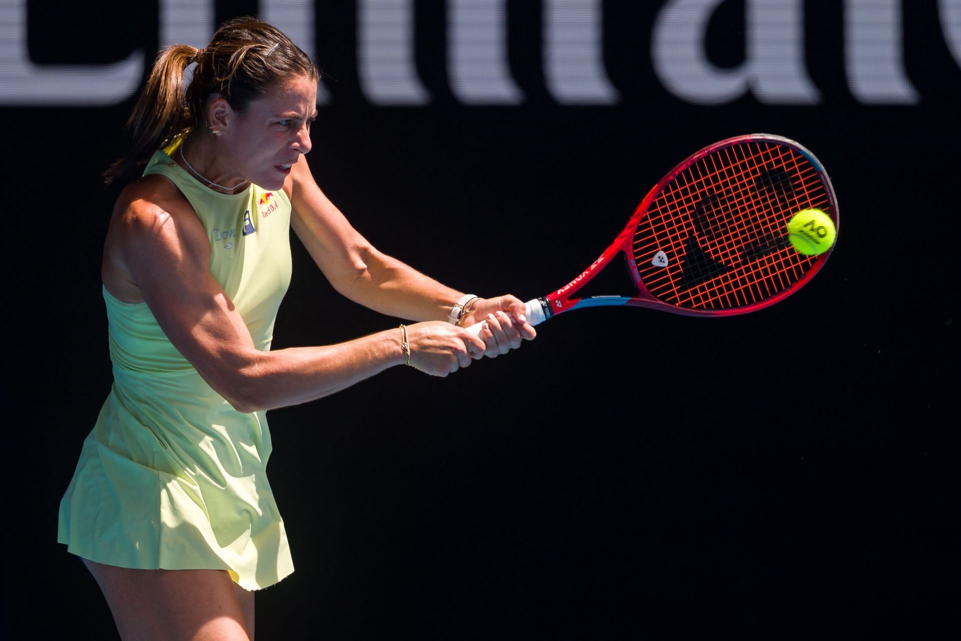 Navarro plays a backhand against Iga Swiatek in the Women&#039;s Singles Quarterfinal of the 2025 Australian Open. - Source: Getty