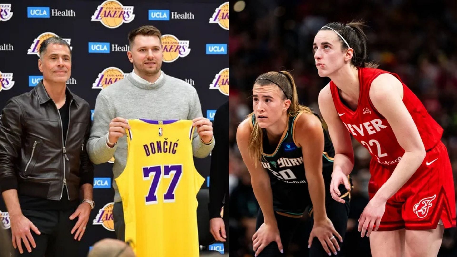 LA Lakers guard Luka Donic alongside GM Rob Pelinka. WNBA guards Sabrina Ionescu and Caitlin Clark during a game. Photo Credits: Imagn