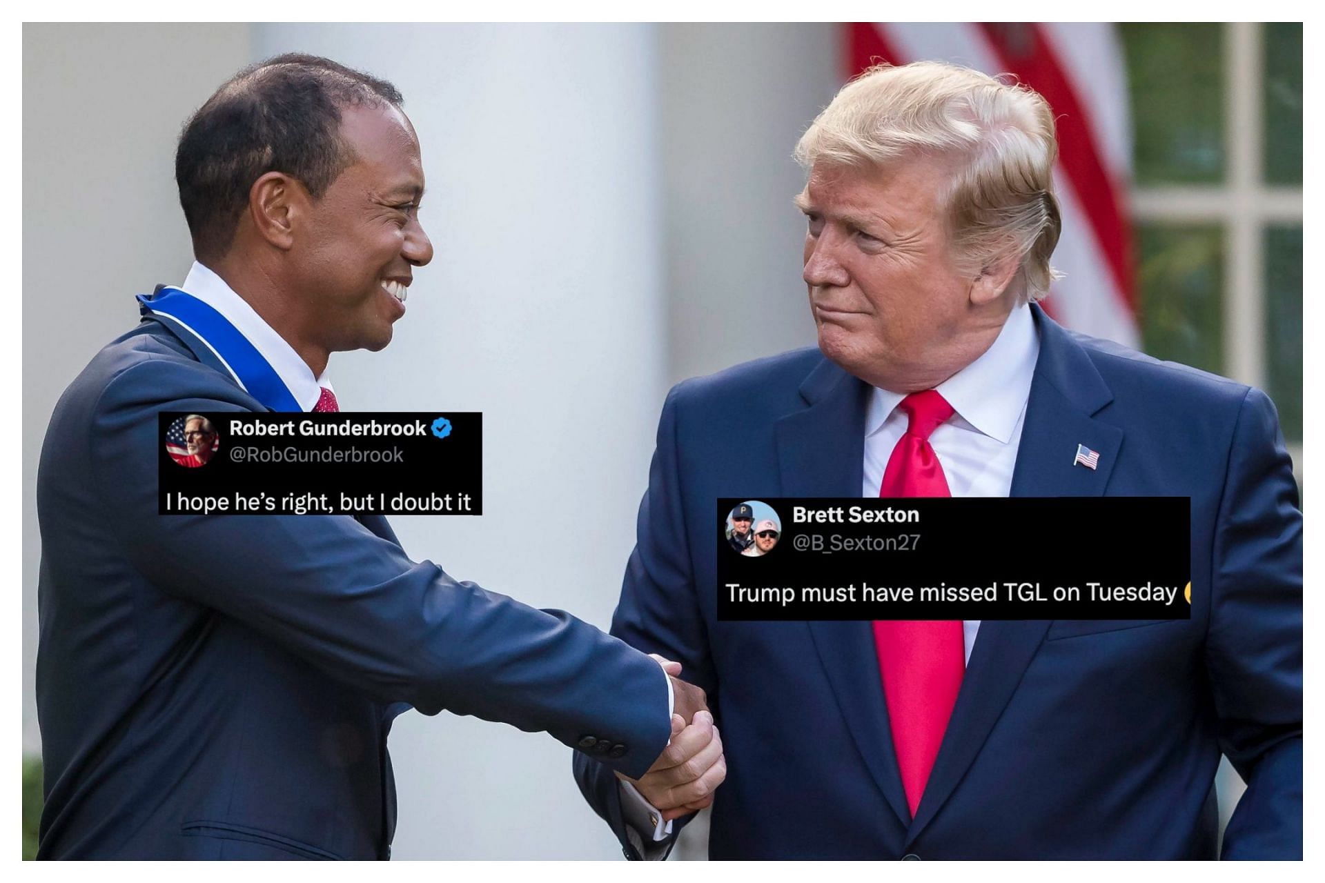 Donald Trump and Tiger Woods (Image via Imagn, x@RobGunderbrook, x@OleBeeM)