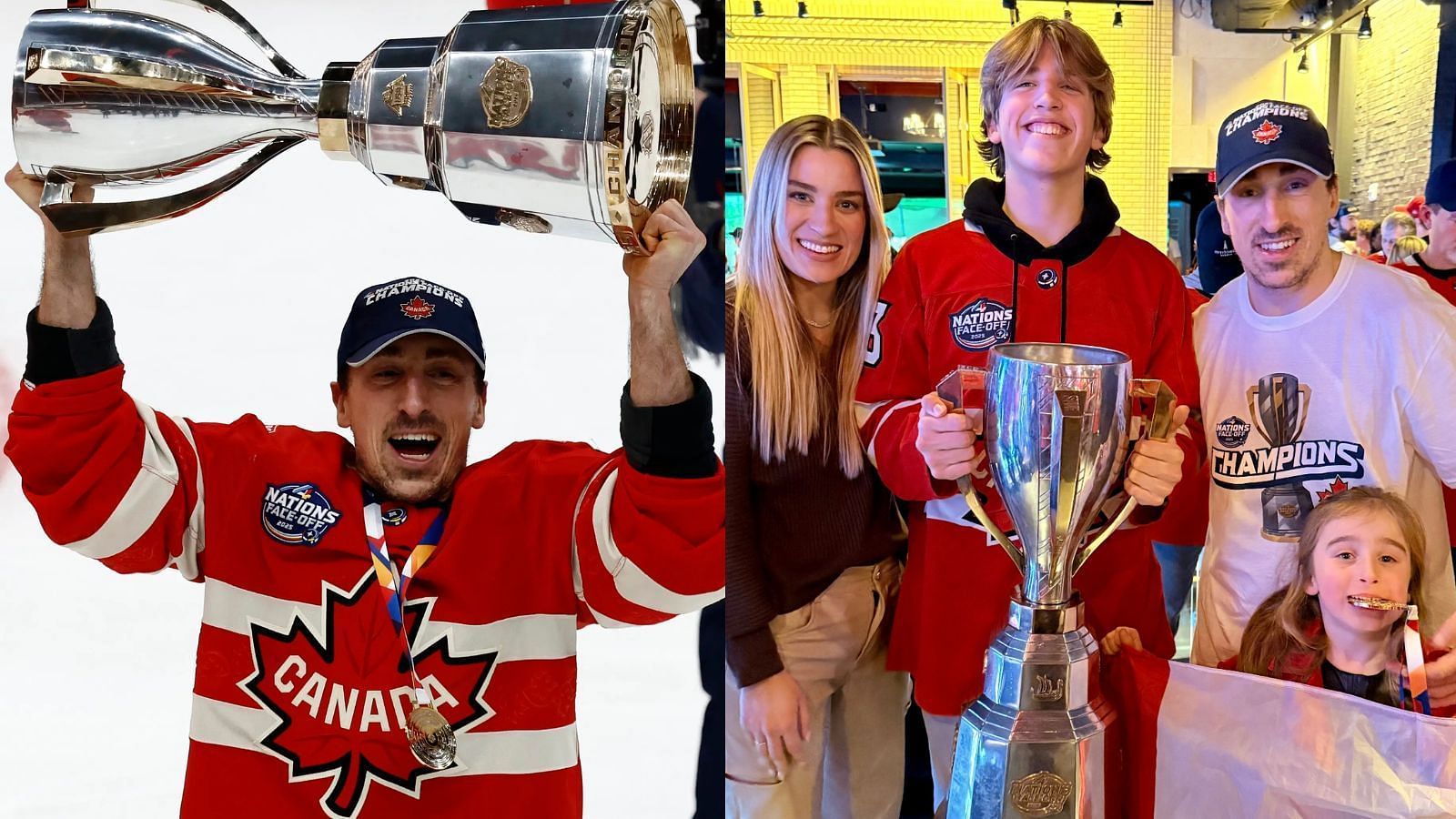 Brad Marchand celebrates 4 Nations win with step-son Sloane, daughter Sawyer and wife Katrina