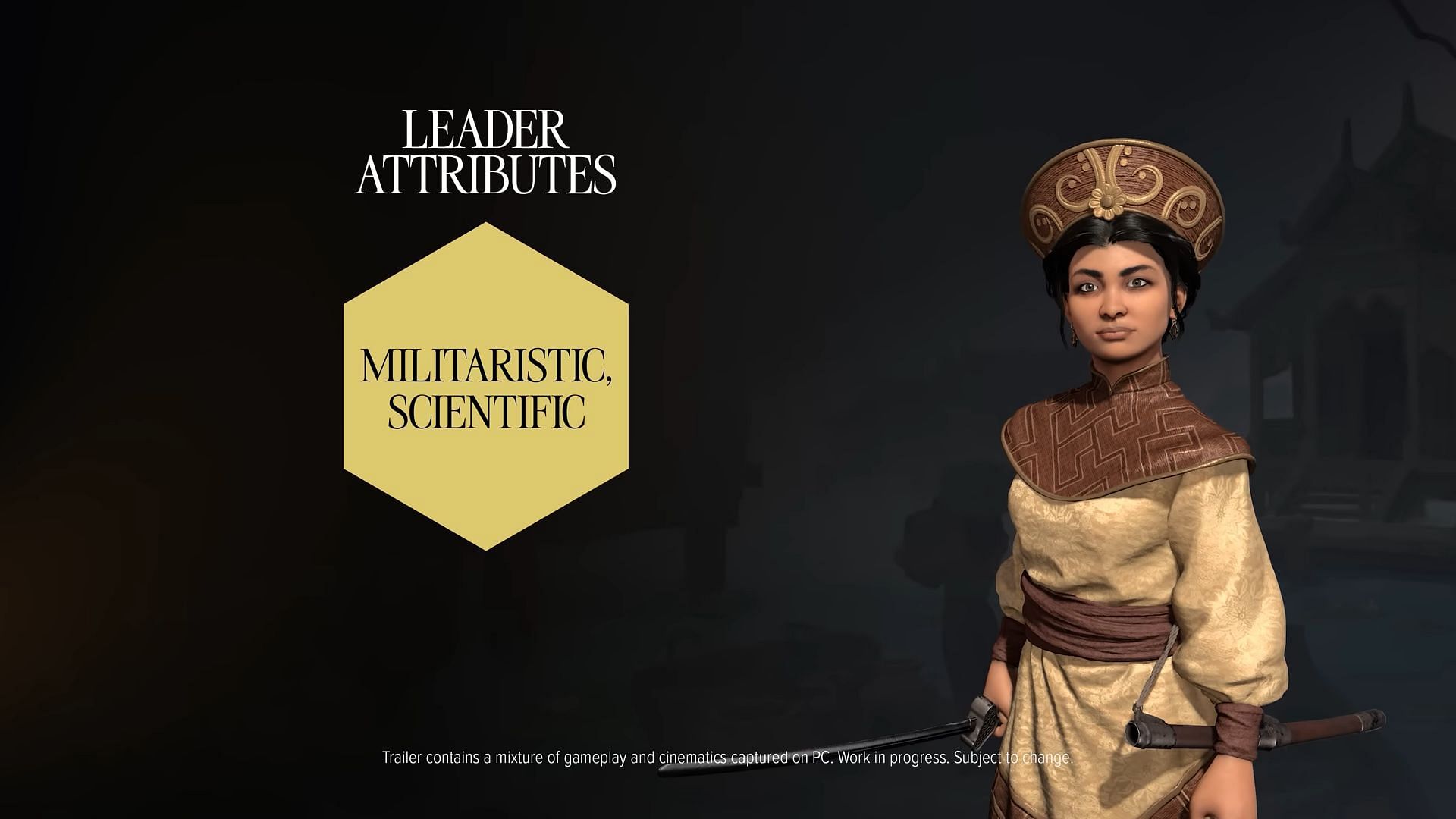 Her Attributes are Militaristic and Scientific in Civilization 7 (Image via 2K|| YouTube/Sid Meier&#039;s Civilization)