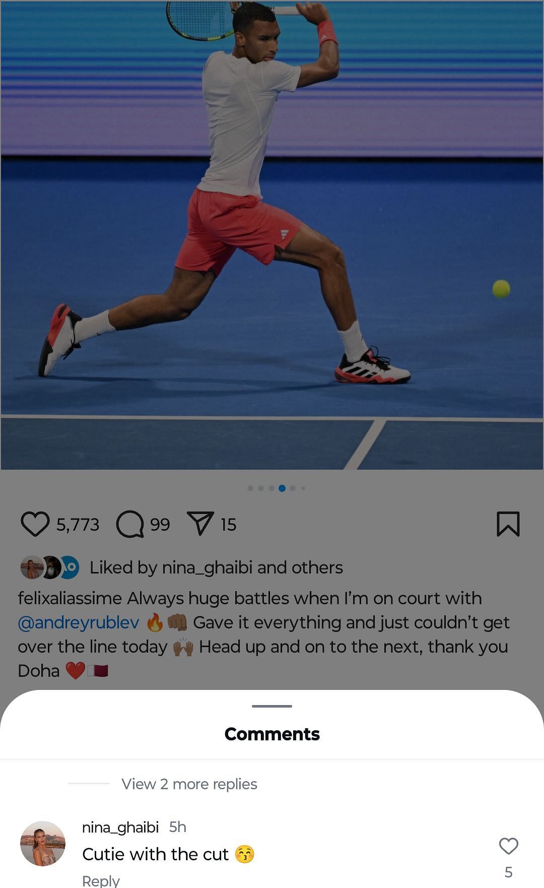 Nina Ghaibi&#039;s comment on Felix Auger Aliassime&#039;s Post - Source: Instagram