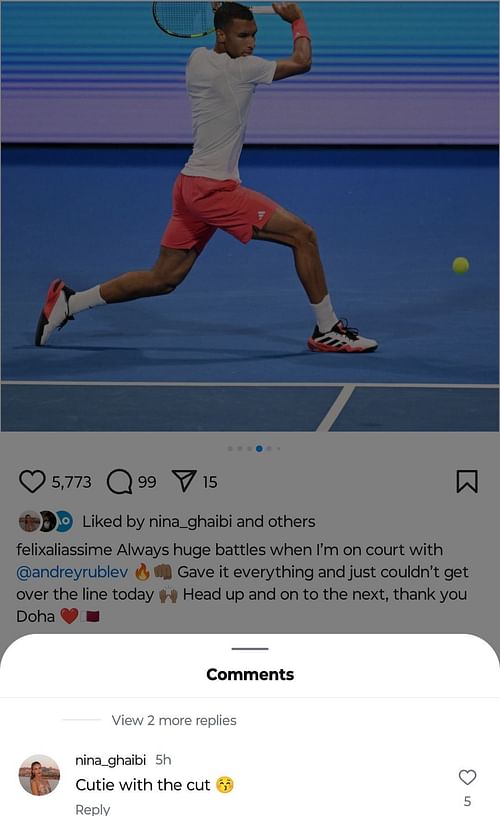 Nina Ghaibi's comment on Felix Auger Aliassime's Post - Source: Instagram