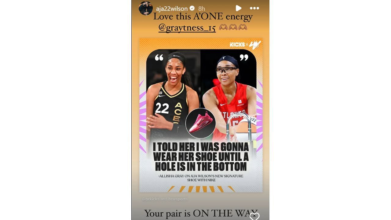 A&#039;ja Wilson reacts to Allisha Gray&#039;s A&#039;One praise on Instagram on Wednesday. [photo: @ajawilson22/IG]