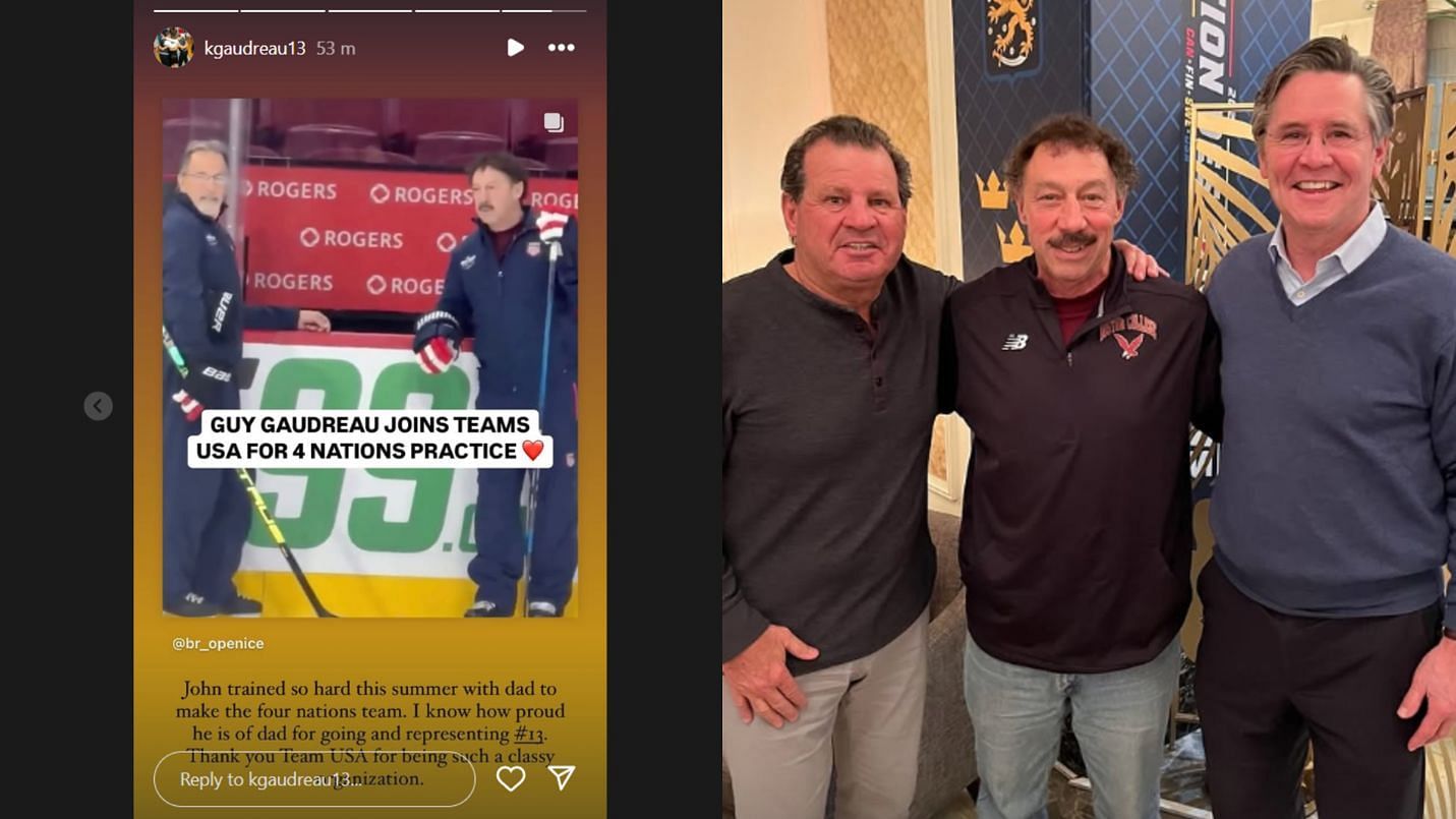 Guy Gaudreau (center) with 1980 Olympic hockey gold medalists Mike Eruzione and Rob McLanahan. (Credit: IG/@kgaudreau13)