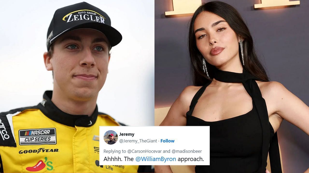 Carson Hocevar and Madison Beer (Images via Getty, Tweet via X user @Jeremy_TheGiant)