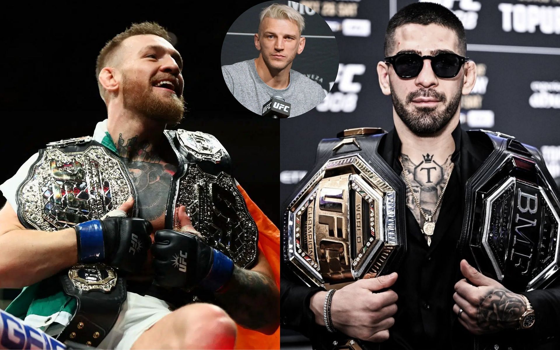 Dan Hooker (middle top) claims that Conor McGregor (left) indirectly resulted in Ilia Topuria (right) being &quot;stripped&quot; of featherweight title [Images courtesy: Getty Imagaes, @fightgame1993 on X]