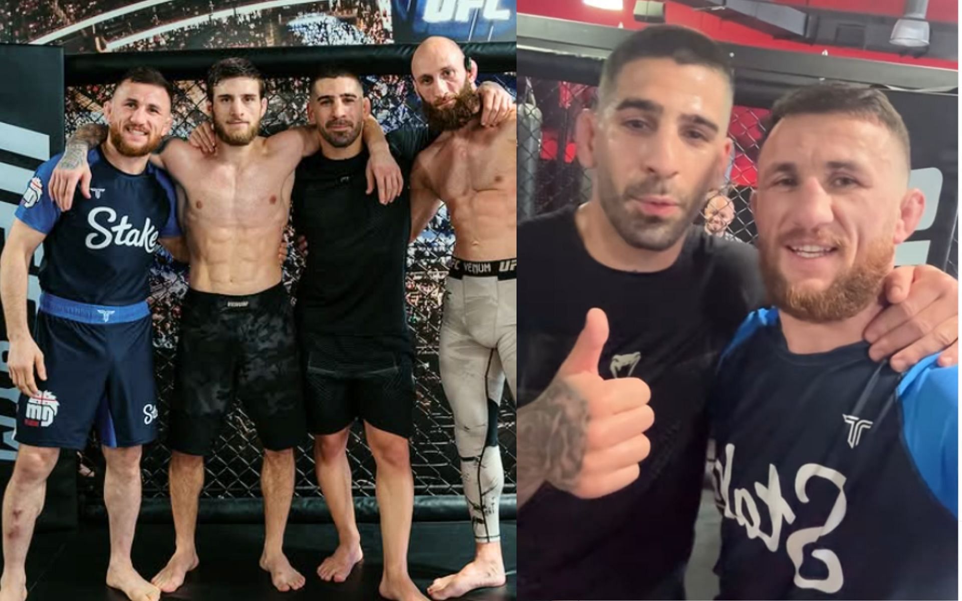 Aleksandre Topuria (first from left) shares definitive answer on whether he would fight Merab Dvalishvili (far left and far right) [Images courtesy: @merab.dvalishvili on Instagram]