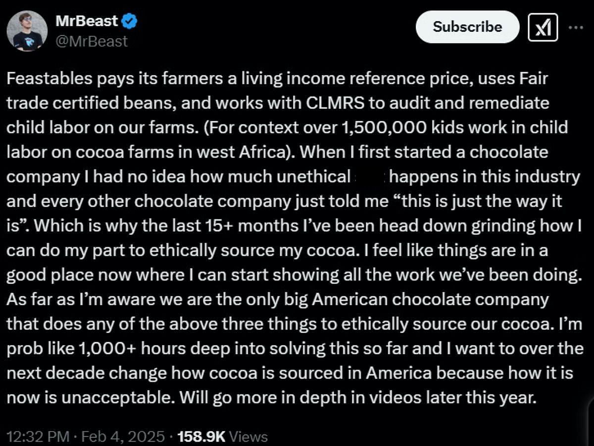 MrBeast explains his plans to eradicate child labor from cocoa farms (Image via X/@MrBeast)