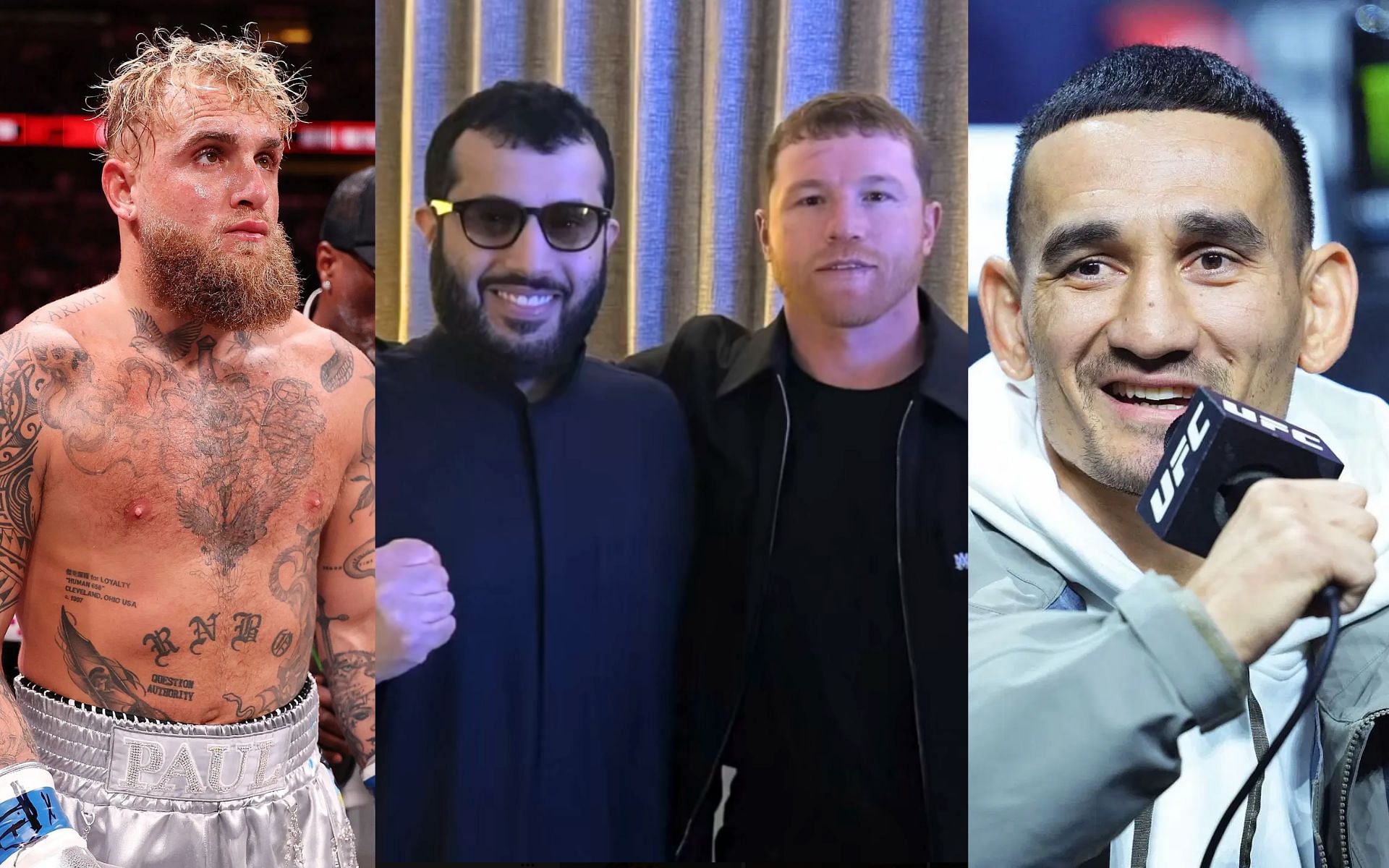 Max Holloway (far right) reacts to Canelo Alvarez (middle right) snubbing Jake Paul (far left) and signing deal with Turki Alashikh (middle left) [Images courtesy: Getty Images, @turki_alalshikh on X]