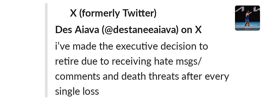 Destanee Aiava&#039;s concerning announcement before deletion of X (formerly Twitter) account (Source: X/Destanee Aiava)