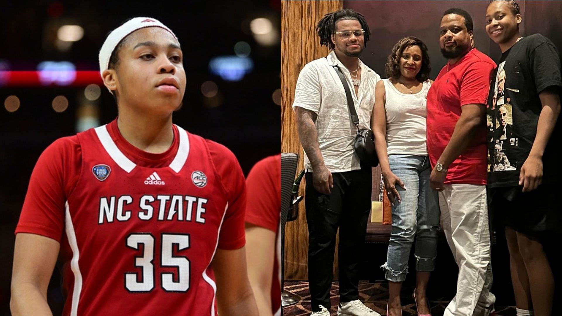 Zoe Brooks in action for NC State; Zoe Brooks and her family pose for a picture. Source: Imagn, Instagram/@morock11