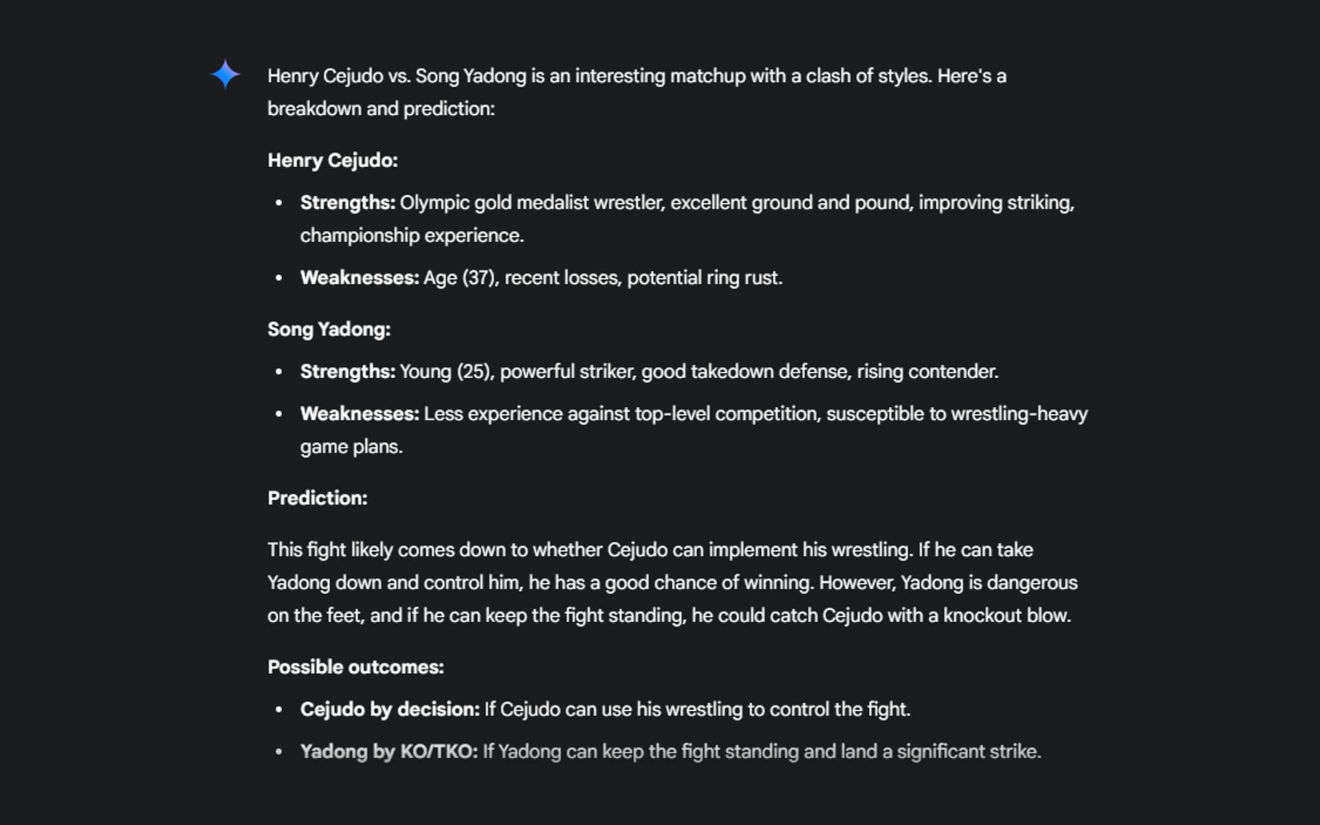 Screenshot of Google&#039;s AI prediction for the UFC Seattle headliner -- Henry Cejudo vs. Song Yadong