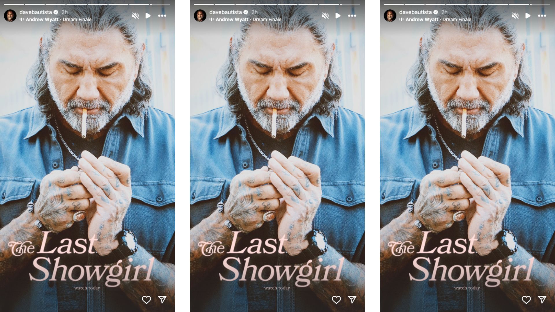 The veteran looks unrecognizable in The Last Showgirl. [Image credit: Screenshot of Batista&#039;s Instagram story]