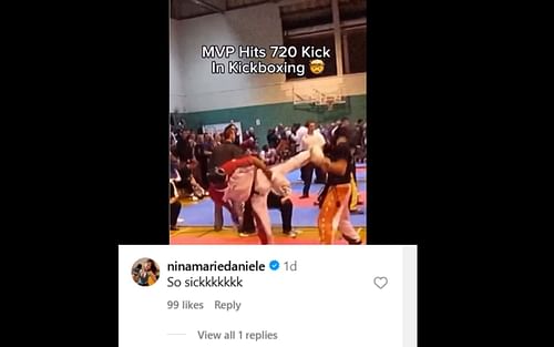 Screenshot of Nina Marie Daniele's comment on Michael 'Venom' Pages video of him doing a 720 kick! 