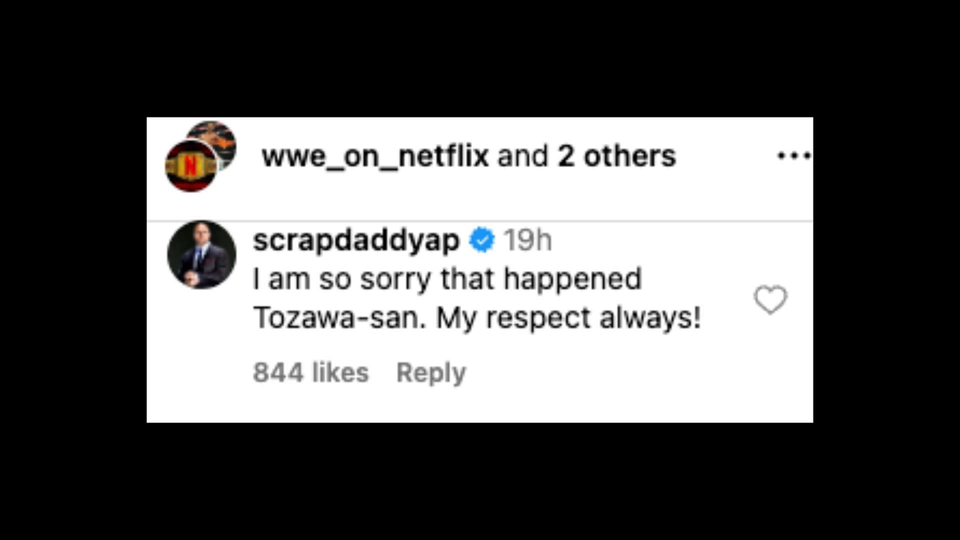 Pearce sent a message to Tozawa on social media. [Image credit: Screenshot from WWE on Netflix&#039;s Instagram]