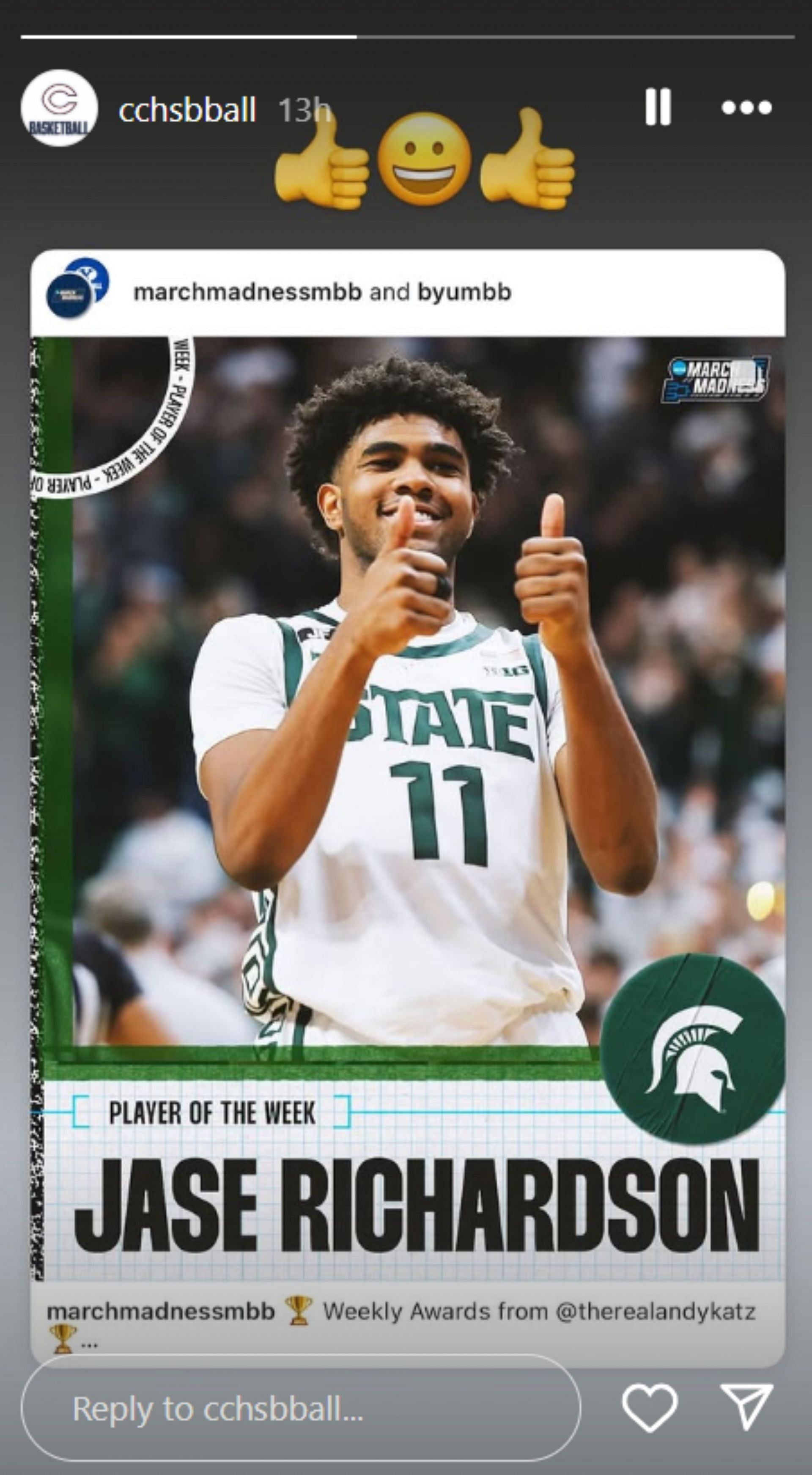 Christopher Columbus High School cheer on alumni Jase Richardson for being named Big Ten Freshman of the Week (Image: IG/cchsbball)