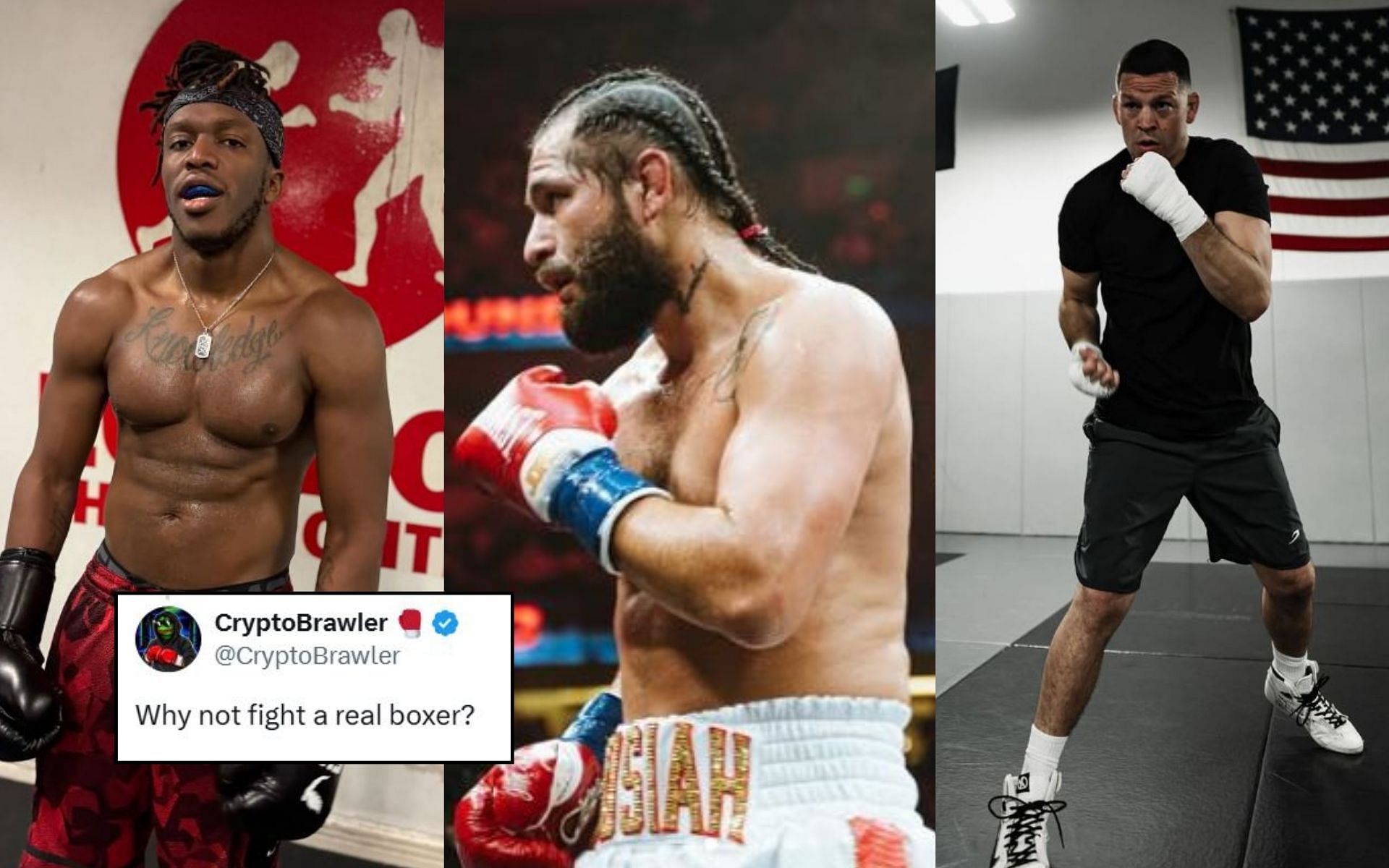 Fans react (insert) to KSI (left) claiming that ex-UFC fighters, including Jorge Masvidal (middle) and Nate Diaz (right), turned down fights against him. [Image credit: @HappyPunch on X, @ksi, @natediaz209, @gamebredfighter on Instagram]