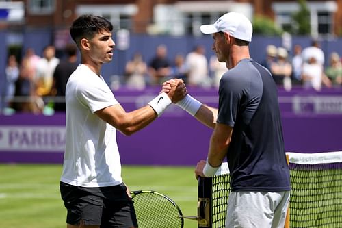 Carlos Alcaraz (left) and Andy Murray (right) during a practice session at the cinch Championships at The Queen's Club in 2024 (Source: Getty)