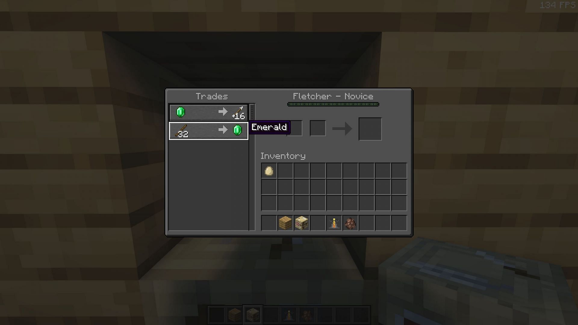 Fletcher can buy some sticks for one emerald (Image via Mojang Studios)