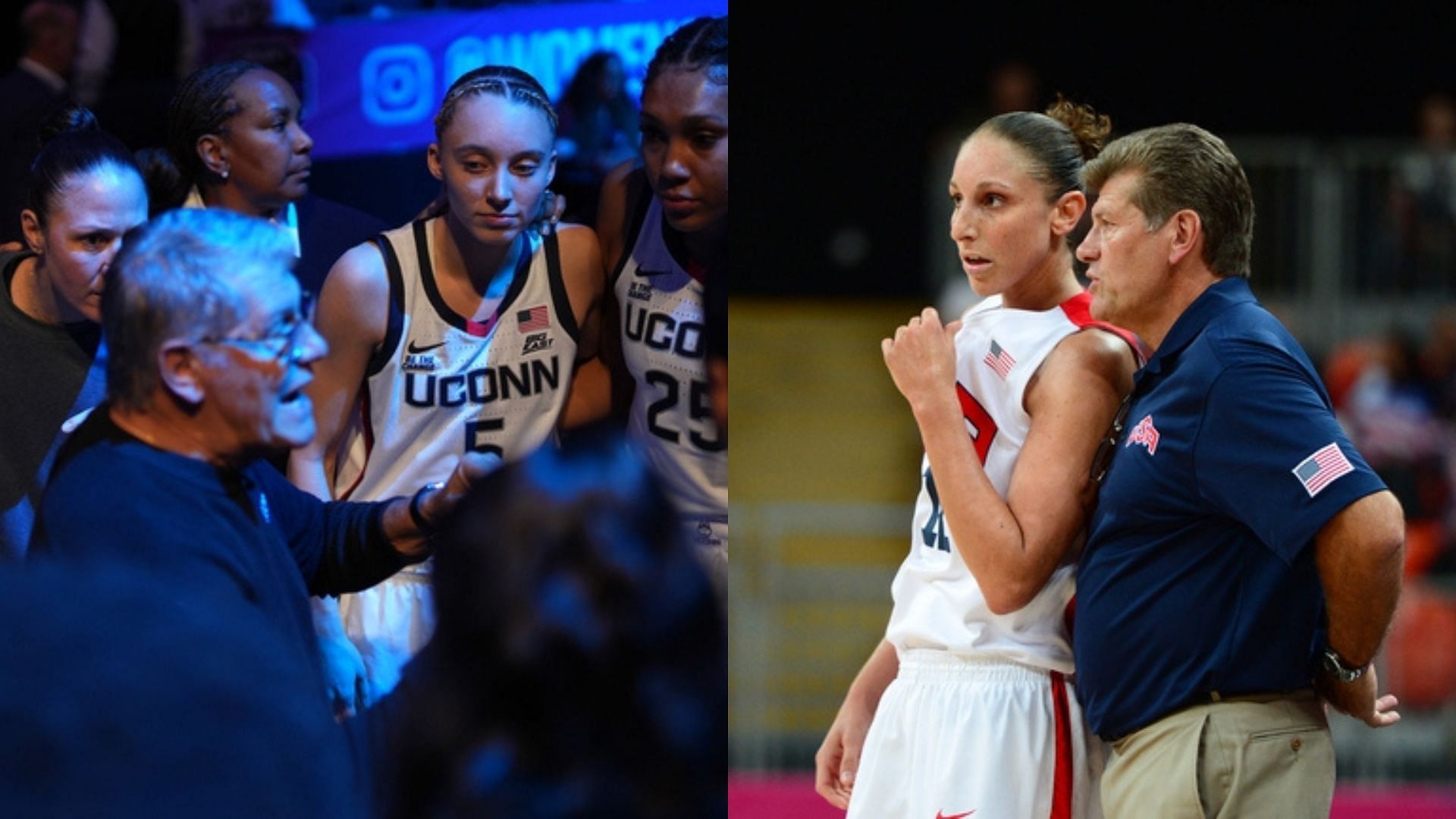 Geno Auriemma gives instructions to Paige Bueckers and the UConn Huskies; Geno Auriemma with Diana Taurasi. Source: Imagn