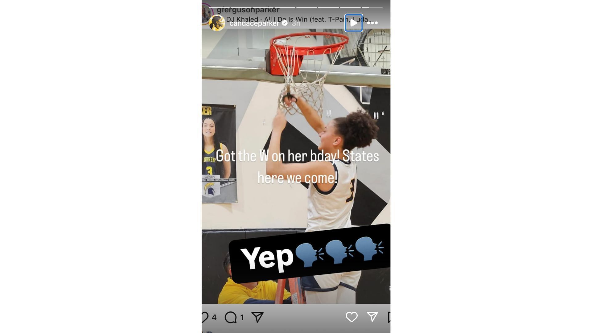 C. Parker shares an image of her niece Naomi Parker cutting down the nets. Photo Credit: Candace Parker&#039;s IG account.