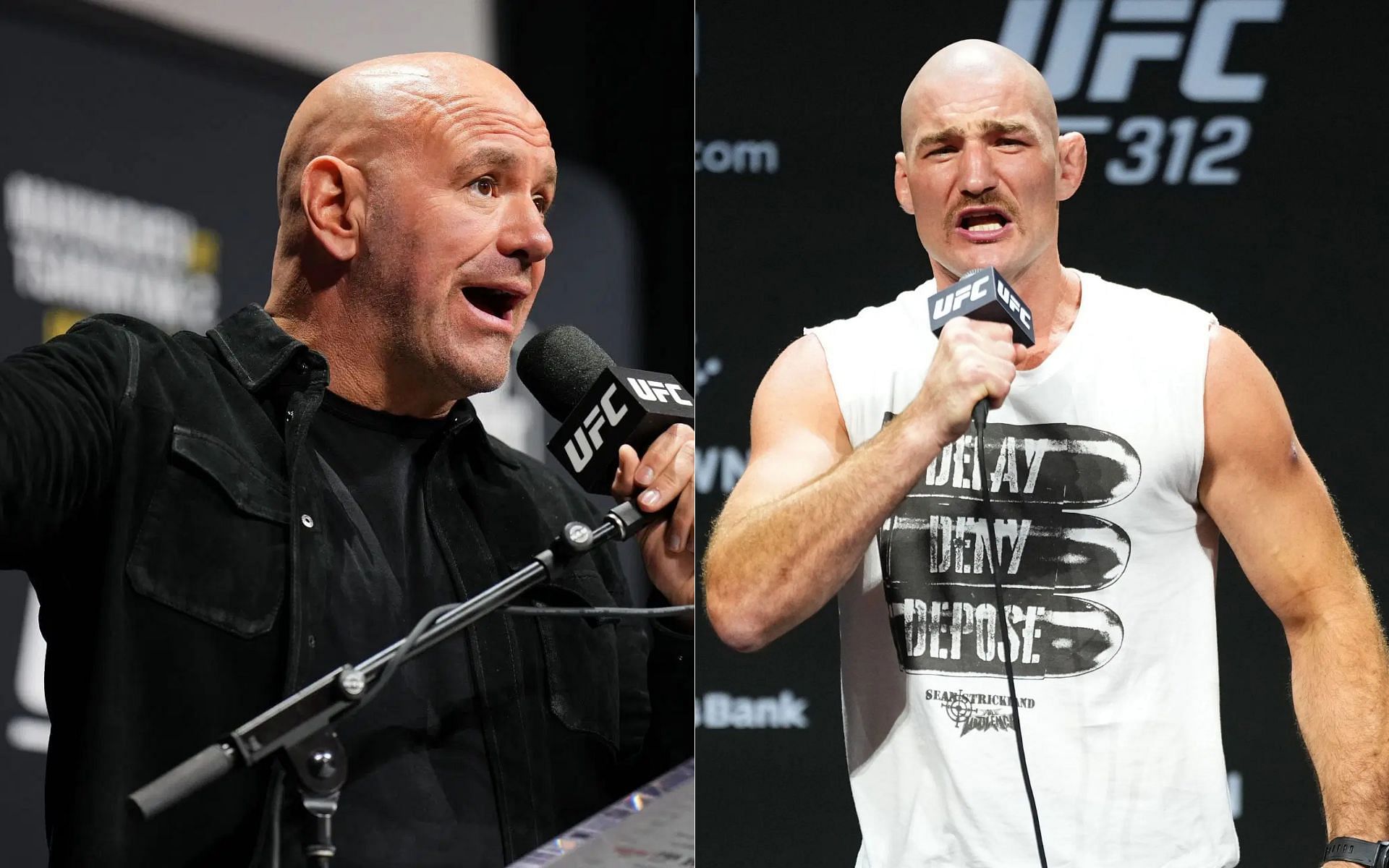 Dana White (left) reacts to Sean Strickland