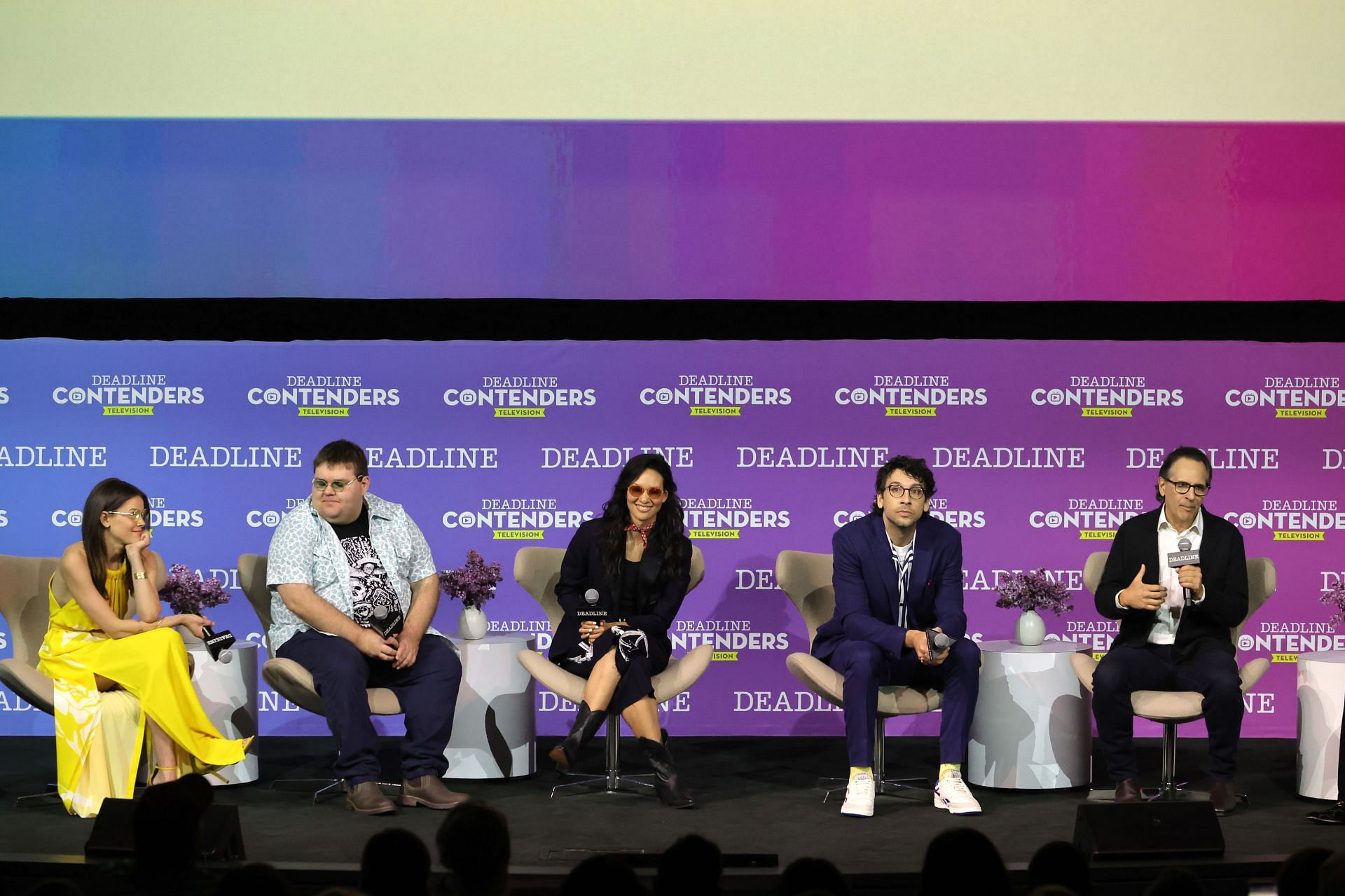 Actors Sosie Bacon, Albert Rutecki, Sue Ann Pien, Rick Glassman, and Creator/Showrunner/Writer/EP Jason Katims speak onstage during Amazon Prime Video&#039;s &#039;As We See It&#039; panel during Deadline Contenders Television at Paramount Studios on April 10, 2022 in Los Angeles, California. (Image via Getty Images for Deadline Hollywood )