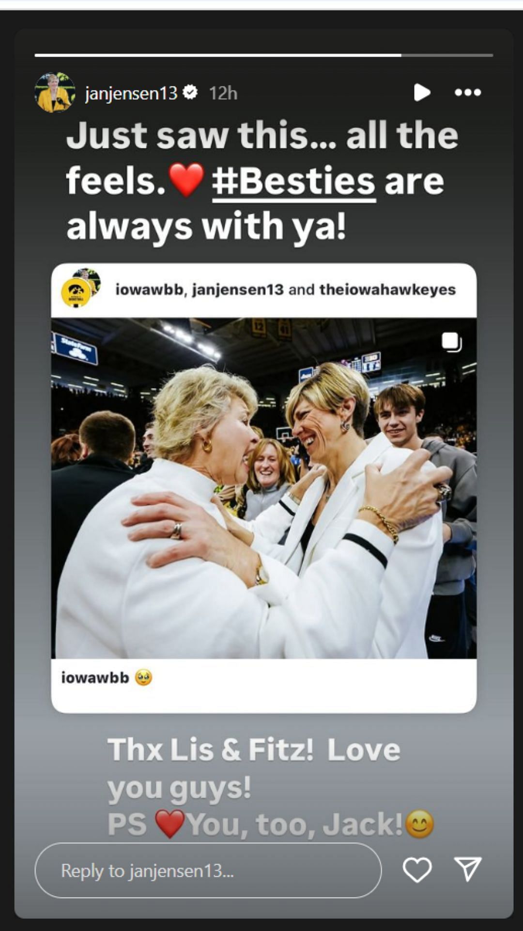 Jan Jensen shares photo with former Iowa coach Lisa Bluder on IG story. Image via @janjensen13