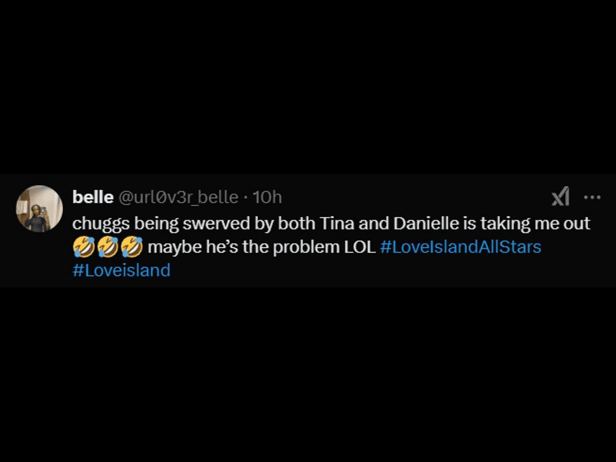 A Love Island: All Stars fan reacts to Tina and Chuggs&#039; awkward moment (Image via X/@url0v3r_belle)