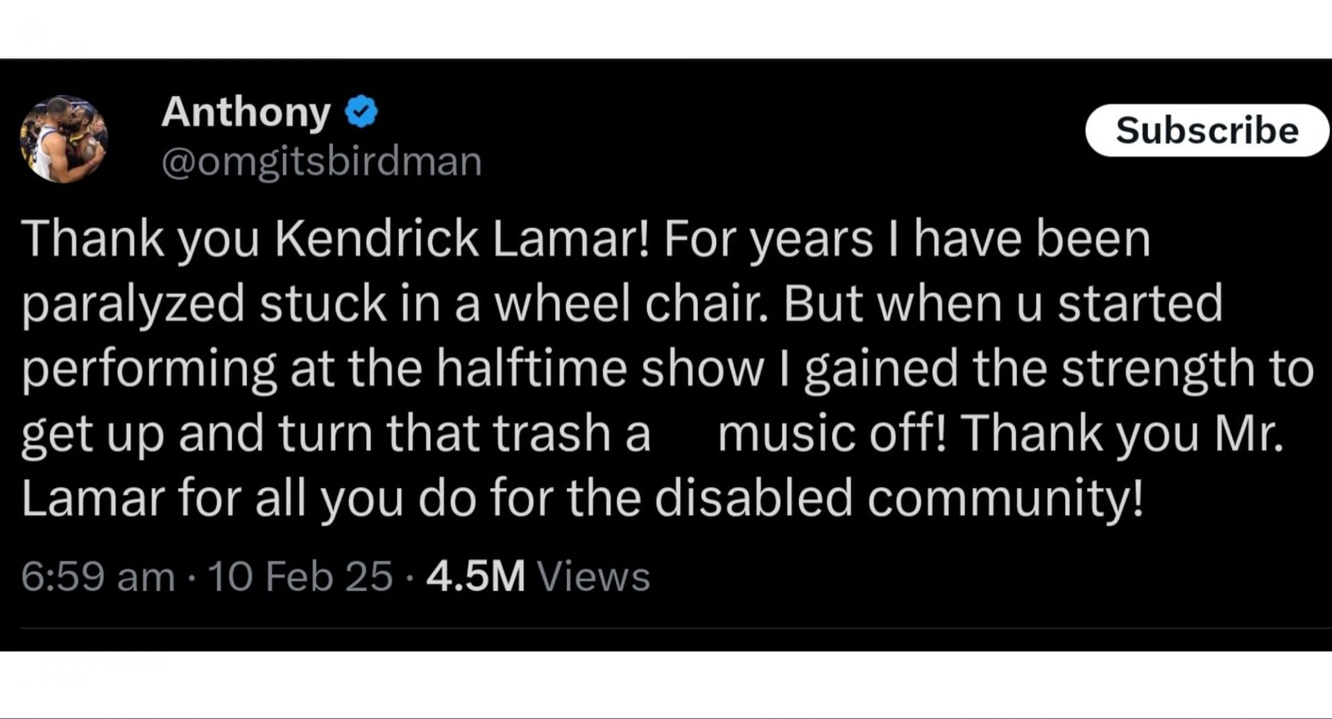 OMGItsBirdman&#039;s reaction to Kendrick Lamar&#039;s halftime show, (Photo via @omgitsbirdman/X)