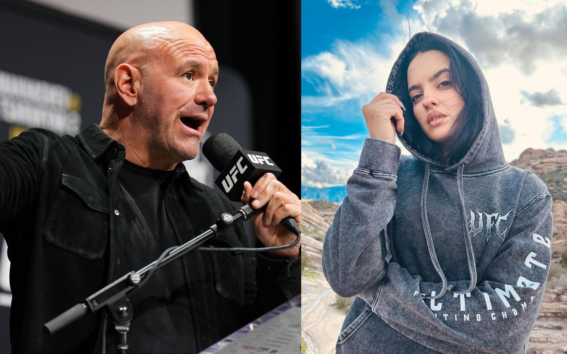 Nina-Marie Daniele (left) reacts to Dana White (right) at critics of  Power Slap. [Image courtesy: Getty Images and @ninamariedaniele on Instagram]