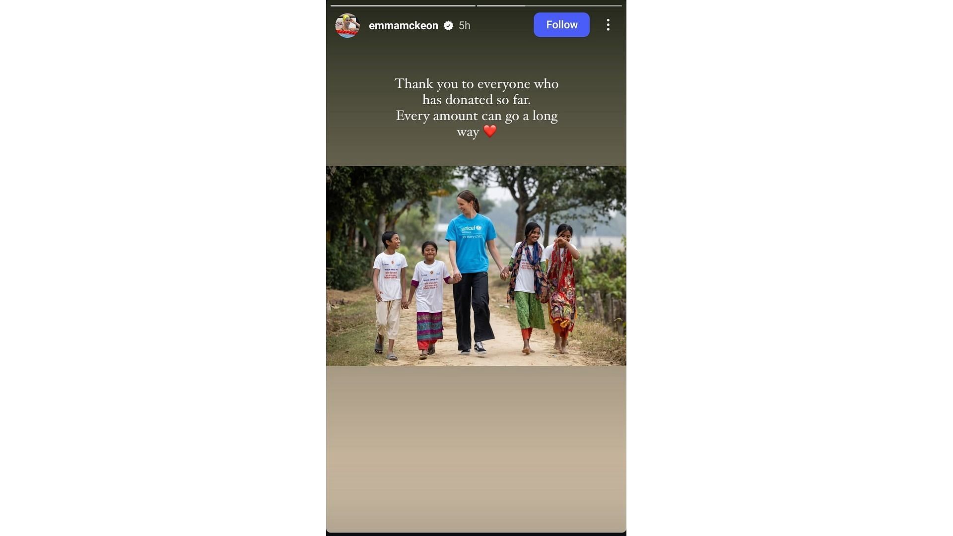 Screenshot of McKeon&#039;s Instagram story feat her Bangladesh visit for UNICEF (Image via: McKeon&#039;s Instagram)