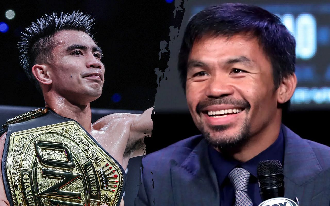 Joshua Pacio (left) and Manny Pacquiao (right). [Photos from ONE Championship, Getty Images]