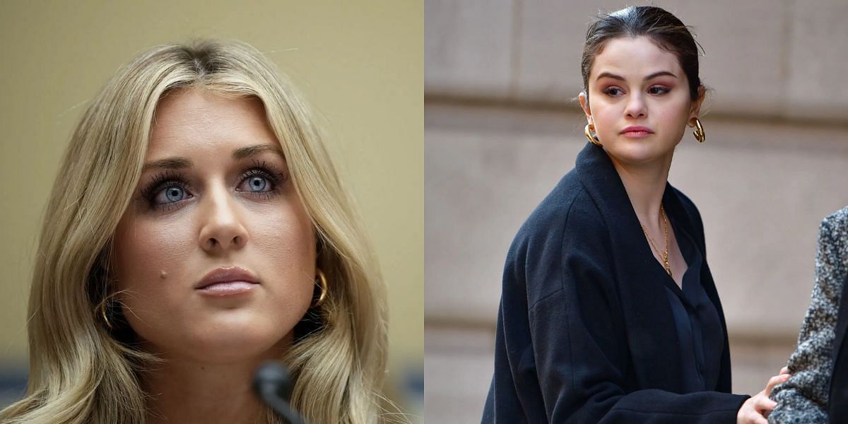 Riley Gaines takes a jab at Selena Gomez for breaking into tears over illegal immigrants being deported. (Images by Getty 