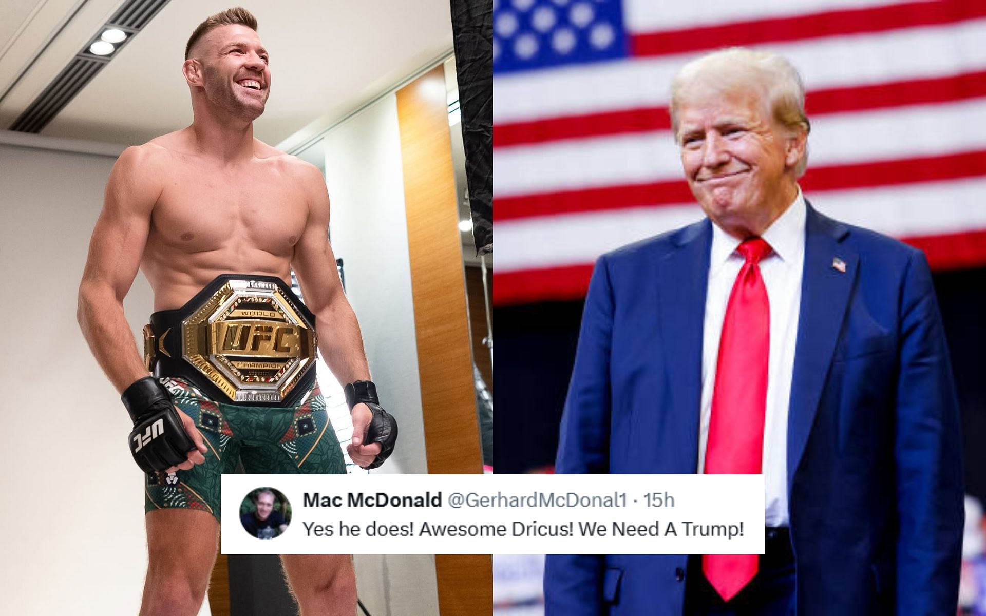 Fans react to Dricus du Plessis (left) supporting Donald Trump (right). [Images courtesy: @ufc on Instagram and Getty]