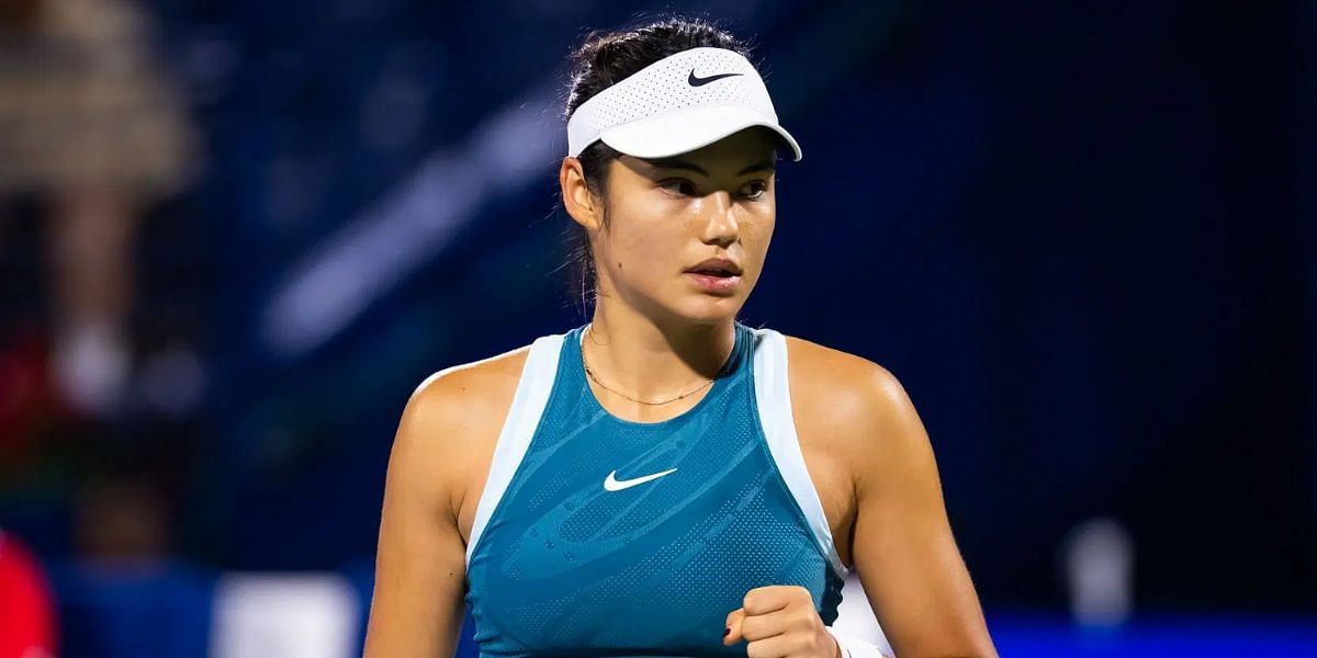 Emma Raducanu celebrates a point in the Dubai Tennis Championships - Image Source: Getty 