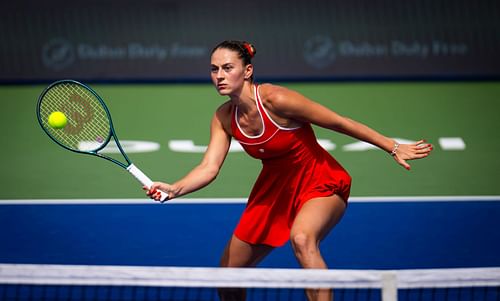 Kostyuk plays a volley in the Dubai Duty Free Tennis Championships- Source: Getty